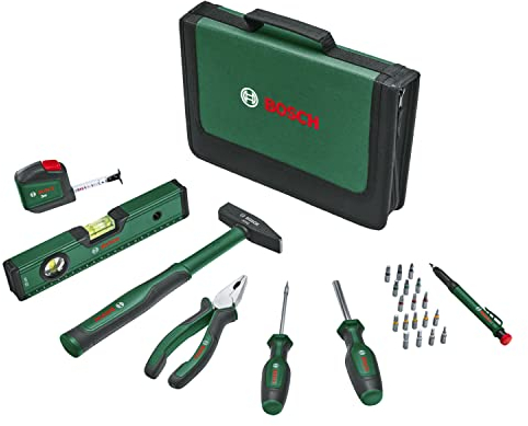 Bosch Home and Garden Juego de herramientas manuales universales de 25 piezas (kit de herramientas versátil para uso general DIY en el hogar; alicates combinados; cinta métrica; nivel de burbuja,