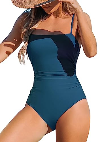 CUPSHE Women Swimsuit One Piece Square Neck Cutout Back Swimming Costume Tummy Control with Adjustable Spaghetti Straps Bathing Suit Swimwear Dark Blue M