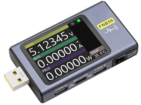 ARCELI FNB58 USB-Tester, Digitales Voltmeter, Amperemeter, Kapazitäts- und Welligkeitsmessung mit Bluetooth, Auslöser, Schnellladungserkennung 4–28 V Überwachungsspannung