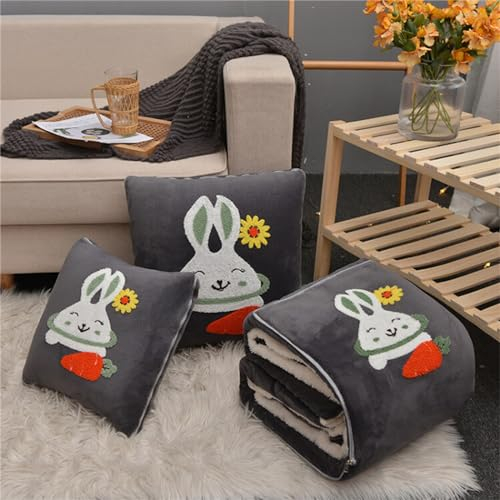 Hixingo Reisedecke und Kissen 2 in 1, Reisedecke mit Kissen Set Multifunktionale Reise Decke und Kissen 2 in 1 Weichem Flugzeug Verwandlungskissen für Urlaub, Camping (40 * 40cm,Kaninchen-Grau)