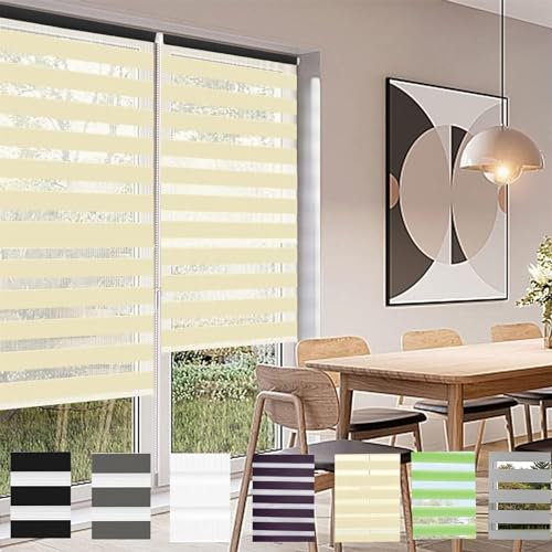 Doppelrollo klemmfix Verdunkelungsrollo, 110 x 200 cm Hitzeschutz und Sichtschutz, Klemmrollo Rollo Verdunklungsstoff Rollo mit Bohren für Fenster & Tür, Beige