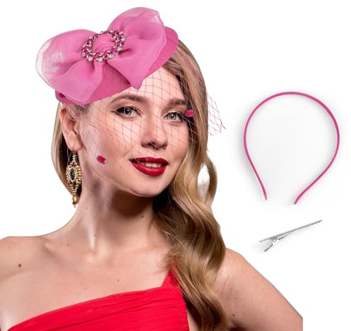 Bohend Fascinator Hut Blumenschleier Pillbox Vintage Derby Hüte Tea Party Hochzeit Strass Haarschmuck für Frauen und Mädchen (Polyester, Rose)