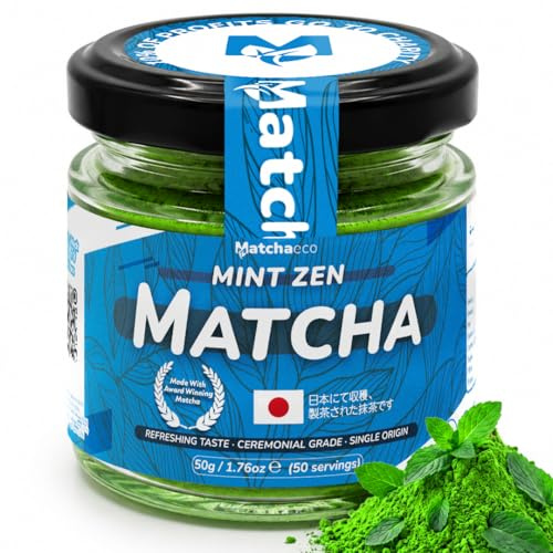 Matchaeco Mint Zen Peppermint Ceremonial Matcha Green Tea Powder 50g | Authentic Stone-Ground Ceremonial Grade | All Natural | Japanese Matcha Vegan | Baking & Gift Ideas | (50g M)