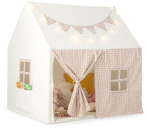 COSTWAY Tienda de Campaña Infantil, Carpa Infantil con Tapete Acolchado, 2 Ventanas y 2 Bolsillos de Almacenamiento, Luces de Estrellas y Pancarta de Bandera, para Niños de 3 a 8 Años (Beige)