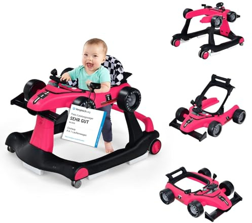 COSTWAY 4 in 1 Lauflernhilfe Autoförmig mit Musik & Licht, Rosa | Lauflernwagen klappbar mit verstellbarer Höhe & Geschwindigkeit, Baby Walker mit Rädern, Gehfrei Baby ab 6 Monaten
