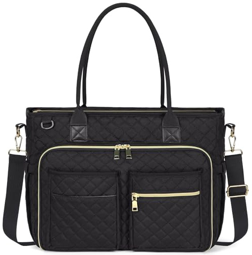 RAINSMORE Bolsa de mano para profesora para mujer, bolsa de trabajo para profesores con funda acolchada para laptop, regalo ideal para profesores, educadores, color negro