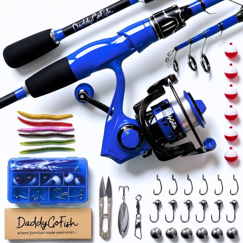 DaddyGoFish spinnfiske spö och rulle kombo set med tackellbox | fiskespö | kolfiber teleskopiskt fiskespö kit | spinnrulle för resor saltvatten sötvattenfiske utrustning kit
