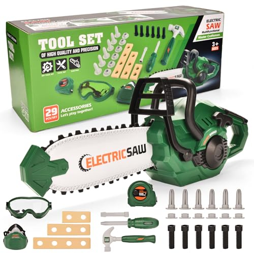 Doahurry Kettensäge Kinder, 29Pcs Motorsäge Kinder Werkzeugkoffer, Kinder Werkzeug Kinder Rasenmäher, Motorsäge Werkzeugkoffer, Kettensäge Kinder Spielzeug Kinderspielzeug Jungen ab 3 4 5 6 7 Jahre
