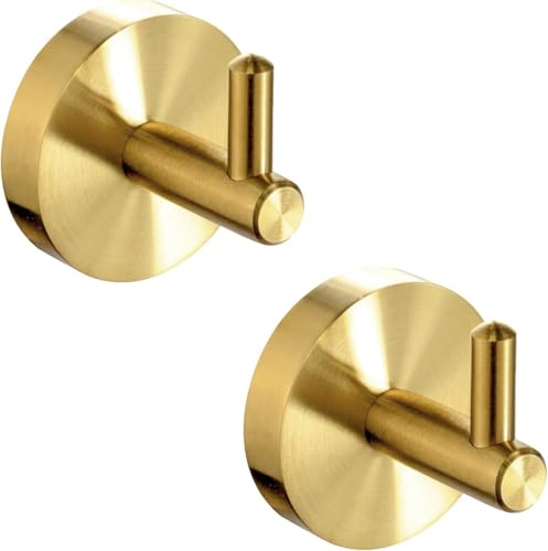 QNIIAED 2 Pack Towel Hooks for Bathrooms,Door Hook Screw in for Coat Robe | Heavy Duty Stainless Steel Wall Hanger for Kitchens,Bedroom,Hold Up To 15 Lb,for Keys Clothes Bags(Brushed Brass Gold)