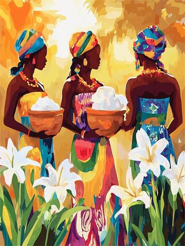 Malen Nach Zahlen Erwachsene afrikanische Frau Malen Nach Zahlen Lilie Paint by Numbers Anfänger kinder,Handgemalt Ölgemälde Leinwand Kits mit Acrylfarben Bastelset,Home Deko,Frauen Geschenk 30x40cm