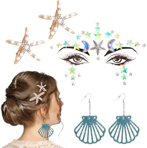 Meerjungfrau Accessoires Damen,Glitzersteine Gesicht Festival Zubehör+2 Seestern Haarspangen Muschel Haarreif+1 Paar Ohrringe in Muschelform,Strasssteine Gesicht Meerjungfrau Kostüm für Karneval.