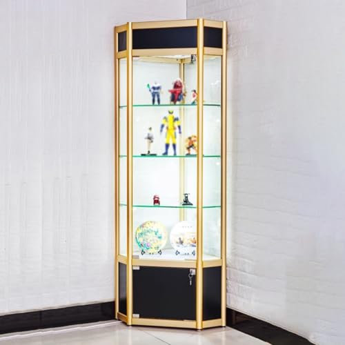 WWERTYY Eckvitrine mit 4 beleuchteten Regalen/Vitrinenschrank mit Unterschrank, verstellbare, abschließbare, transparente Vitrine, für Esszimmer und Wohnzimmer (180 x 40 x 40 cm)