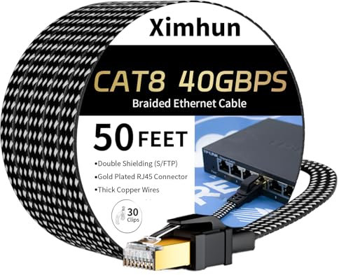 Ximhun Cat 8 Ethernet Cable 50 FT, High-Speed Braided Internet Cable Network Cord with RJ45 Connector 40Gbps 2000Mhz Heavy Duty LAN Cable Shielded Indoor