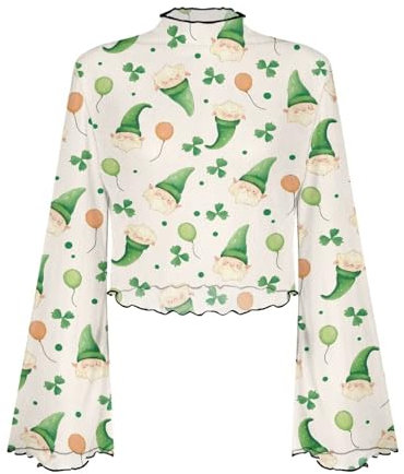 BYCHECAR Green Balloon Leaves Dwarf Bell Sleeve Tops for Women Loose Fit Long Sleeve Tops Mock Neck Lettuce Trim Crop Tops XL Size