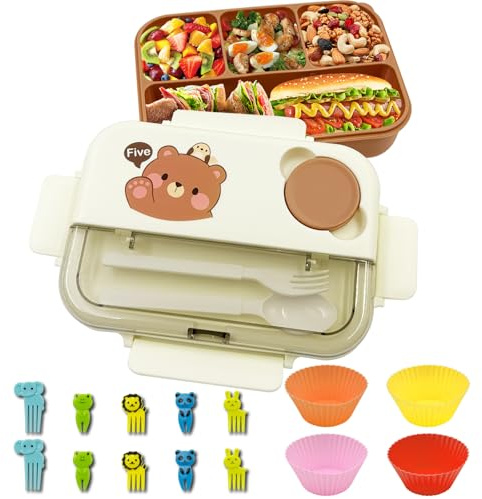 atrccs Brotdose mit Utensilien und Soßengläsern, Bento Lunch Box mit 4 Fächern, mikrowellensichere & spülmaschinenfeste Bento Box für die Schule, Süße Bento Snack Box für Jungen & Mädchen