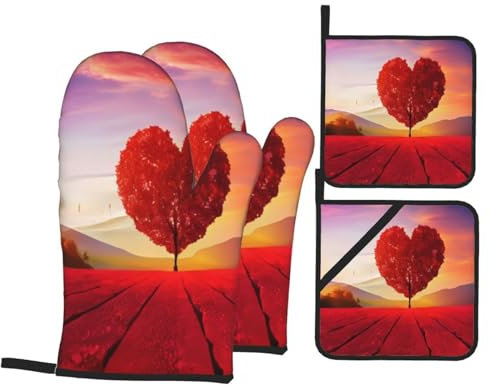 Set di 4 guanti da forno a forma di cuore e presine, impermeabili, resistenti al calore fino a 260 °C, guanti da forno a microonde, guanti da cucina per chef, barbecue, guanti da cucina