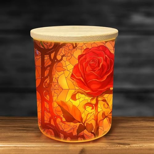 Rose Graphic Printing Glass Tea Light Candle Holder Jar with LED Candle,Perfect for Weddings,Parties,and Home Decor,Cozy,Single Jar 2.8D x 3.5H inches