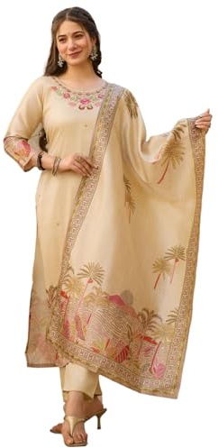 The Red Lion Enterprise Ensemble de costume Salwar brodé pour femme – Pantalon kurta indien ethnique 3 pièces Dupatta – Vêtements de mariage ou de fête, crème, XXL