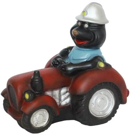 JS Garten Deko Maulwurf auf Traktor Wackelkopf Figur Höhe 28 cm - Lustige Bergarbeiter-Dekofigur aus Kunststoff
