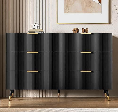 BTM 6 Drawer Chest of Drawers, 6 Chest of Drawers, 6-Drawer Sideboard, Modern Storage Cabinet with Golden Handles, 77x120x40cm, Black