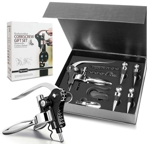 10-Piece Corkscrew Wine Opener Set, Cork Screw Rabbit Wine Bottle Opener Kit with Lever Corkscrew, Foil Cutter, Pourer, Stoppers, Spare Spirals & Drip Ring etc for Wine Lovers, Home Bars & Parties
