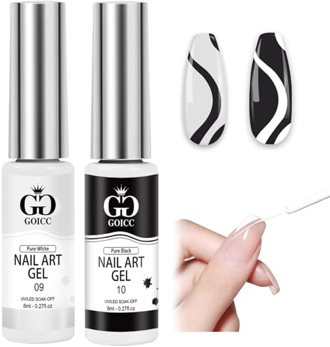 Esmaltes Semipermanentes para Uñas 2pcs Pintauñas Blanco Negro Gel Polish | 2 x 8ml Pintauñas Semipermanente Blanco y Negro de Nail Art Gel Liner Set Paint para Uñas Lineal DIY Pincel Fino Integrado