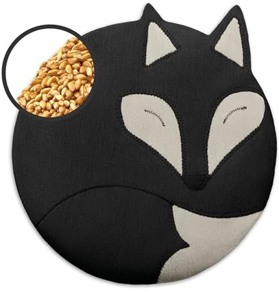 LESCHI 4 Kammer Körnerkissen - mikrowellengeeignetes Wärmekissen - ideal als natürliche Hilfe bei Bauch- und Regelschmerzen - aus natürlicher Bio Baumwolle & Bio Weizen - Fuchs, Schwarz