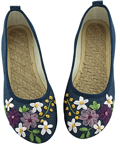 VBEDKDEB Ballerina skor dam bekväma platta ballerinaskor tygskor dam enkla skor band linne andas broderi enkelskor platta klackar linne broderade ballerinaskor i mesh, blå, 37.5 EU