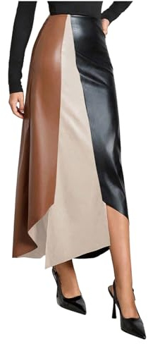 SOLY HUX Women's Color Block Faux Leather Skirts High Waisted Asymmetrical Long Skirt Khaki Black Multi Large