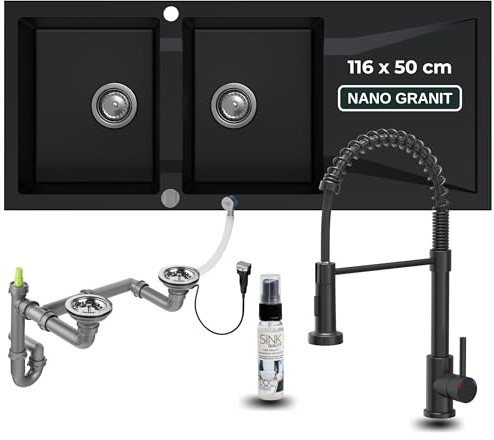 SINK QUALITY Doppelspüle schwarz mit Armatur, Granitspüle mit Abtropffläche 116x50 cm, Doppel Spülbecken mit Siphon und Imprägniermittel, 2 Becken Küchenspüle ab 80er Unterschrank