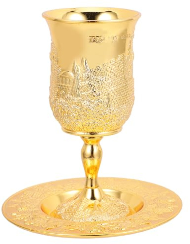 Homoyoyo Juego de Copa de Kidush de Metal Dorado con Platillo para Vino de Shabat y Pésaj Copa Judaica para Festividades Religiosas Set de 1 Unidad Uso Ceremonias y Celebraciones