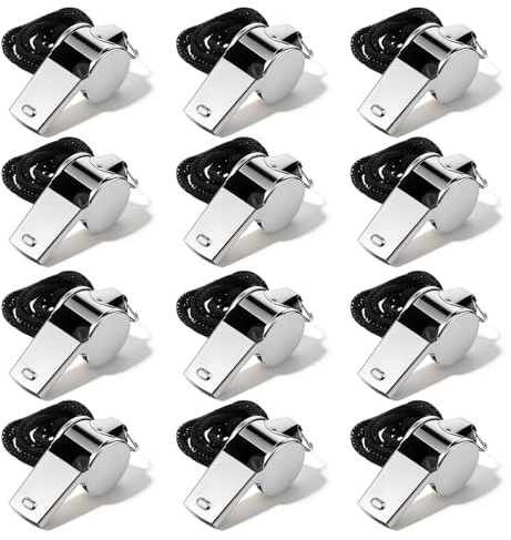 TIESOME 12 Pcs Coaching Whistle, Stainless Steel Whistles for Adults with Lanyard, Very Loud Coach Referee Whistle for Sports, PE Teachers, Basketball, Volleyball, Personal Safety (Silver)