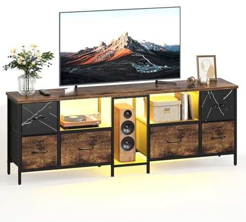 Bestier TV Schrank 160cm Fernsehtisch für Fernseher bis 75 Zoll, TV Lowboard mit 6 Stoffschubladen & LED Beleuchtung, Entertainment Center für Wohnzimmer & Schlafzimmer, Braun