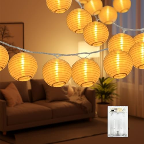 Kimuwote LED Lampion Lichterkette, 7M 20 LED Lampions Lichterkette Außen Batterie mit Timer, Warmweiß, 2 Modi Lampion Lichterkette Wetterfest für Garten, Balkon, Party