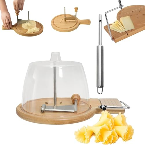 Cheese Curler Wheel with Lid, Handheld Rotary Cheese Flower Shaver with Stainless Steel Blade & Wood Base for Cheeses Wheel or Chocolate, Easy and Convenient to Use (Upgraded)
