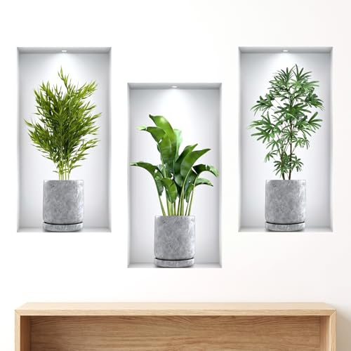 3 Stücke Wandtattoo Pflanzen, 3D Vase Wandaufkleber Selbstklebend, Wandtattoo Wohnzimmer Schlafzimmer Küche Flur, Wandsticker zur Wanddeko, Wandtattoos zum Abdecken beschädigter Wände (45×23 cm)