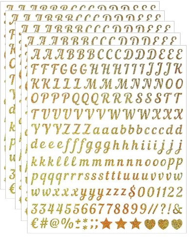 Muorruo 5 Hojas de Letras Adhesivas, 1000 Unidades, Alfabeto cursivo A-Z, Vinilo Autoadhesivo para números de buzón, señales de Negocios, Placas de Puerta, Manualidades, Dorado