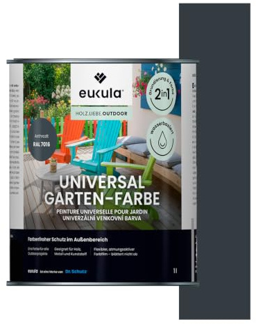 Eukula Universal Garten-Farbe, 1 Liter, Anthrazit RAL 7016 | für Holz, Metall & Kunststoff - ohne Voranstrich, UV-beständig, halbmatt, wasserbasiert