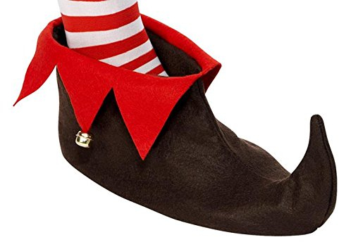 BFD ONE ELF BOOTS ELF SHOES ELF HAT OR ELF TIGHTS CHRISTMAS FANCY DRESS ELF SHOE ACCESSORY ADULTS SANTA'S LITTLE HELPER GREEN AND RED OR BROWN (Elf Boots Brown)