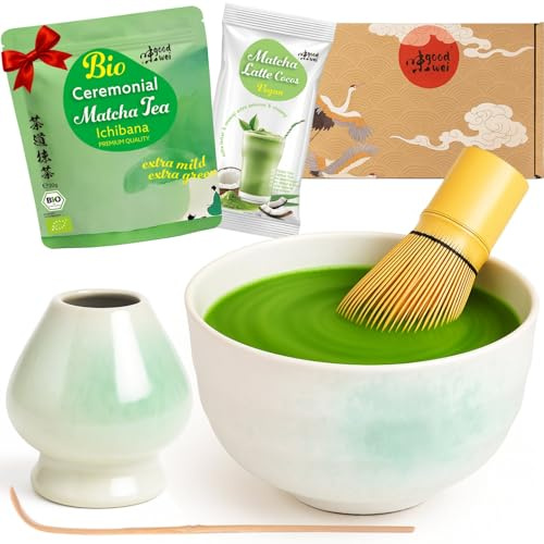 Goodwei Matcha Set mit Matcha Besen, Matcha Schale, Besenhalter aus Keramik und BIO Matcha Tee aus Japan | Geschenkset (Shiro)