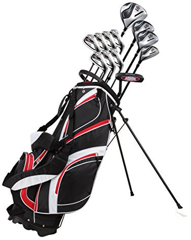 Precise Golf. Komplett 18 delars golfklubbs-pack med titan-driver för män, #3 och #5 Fairway Woods, #4 Hybrid, 5-SW-järn, putter, ställväska, 4 H/C's. Välj färg och storlek Röd Röd Right Hand