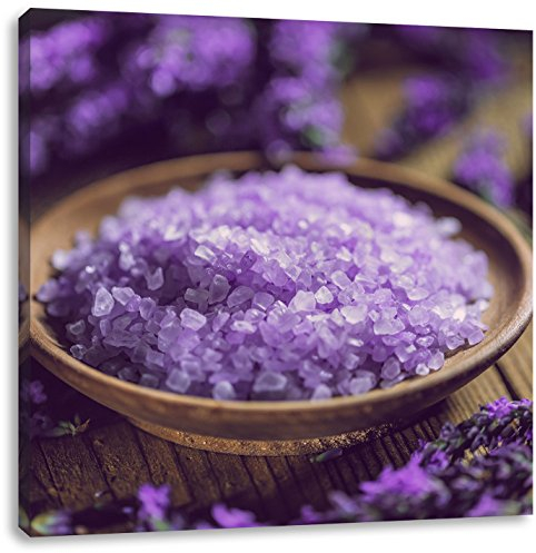 Pixxprint Violettes Badesalz auf Holzuntergrund, Größe: 40x40, Leinwandbild Quadratisch, Wandbild, Kunstdruck, fertig bespannt