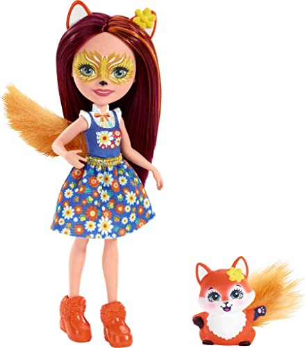 Enchantimals FXM71 - Felicity Fox Puppe & Flick-Figur, Puppe (15cm) mit Langen, brünetten Haaren, Tierohren und buschigem Schwanz, abnehmbarem Rock, Schuhen, Spielzeug Geschenk für Kinder ab 3 Jahren