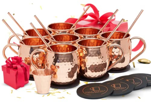 Kitchen Science Moscow Mule Copper Mugs 16 Ounce with 8 Straws and Jigger Set