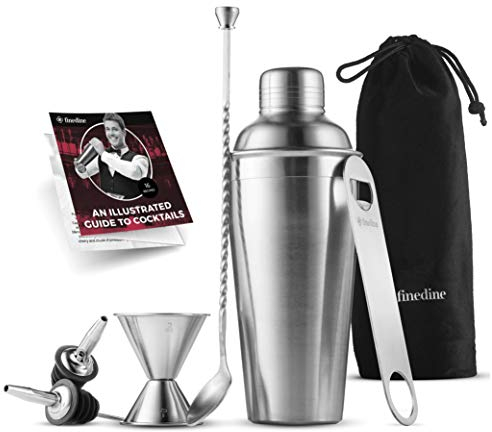 FineDine 7-Piece Stainless Steel Cocktail Shaker Set - 26 oz Shaker & Strainer - Bartender Kit - Cocktail Gift Set