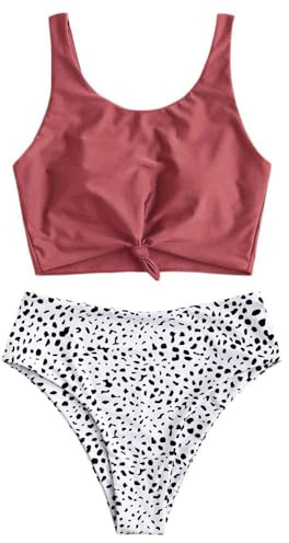 ZAFUL Zweiteiliger Beachwear Set, verknotet Oberteil mit Schulterträger & Tropisches Blattmuster Badehose (Kirschrot, L)