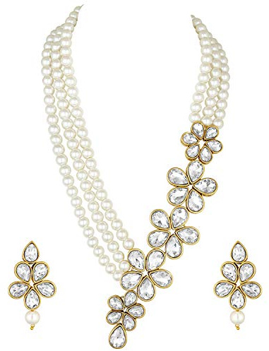 Aheli Floral Crystal Pearl Necklace with Drop Earrings Indian Traditional Bollywood Ethnic Jewelry Set Gift for Women