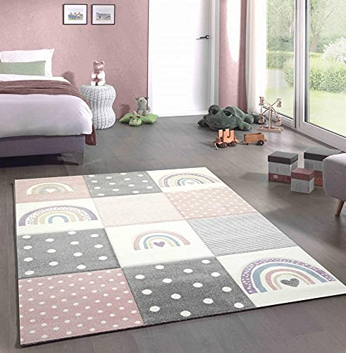 Kinderteppich Kinderzimmer Spiel Teppich Herzchen Regenbogen Punkte Design Creme rosa grau Größe 140x200 cm