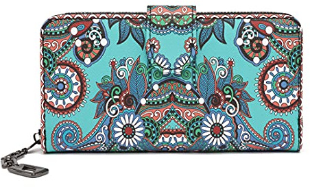 Grand Portefeuille Femme Porte-Carte Portefeuilles avec Motif de Fleurs et de Fleurs de Style Mandala et Ethnique Porte-Monnaie avec Fermeture éclair et Bouton Pressions