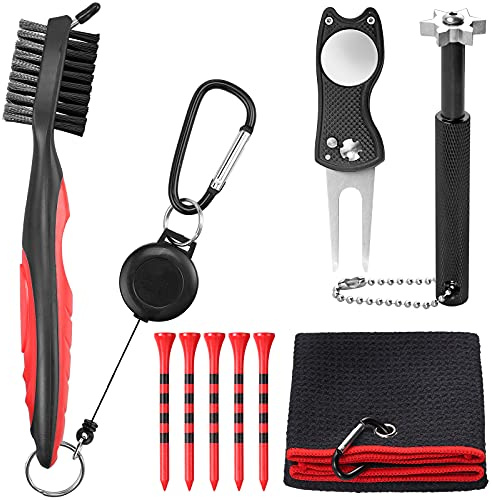 VINTEAM 5-teiliges Golf-Reinigungsset Golftuch, Golfschlägerbürste mit Rillenreiniger, faltbares Pitchgabeln, Golfreinigung Schärfer und 83mm Golf-Tee-Halter X5 für Schlägerflächen und Rillen